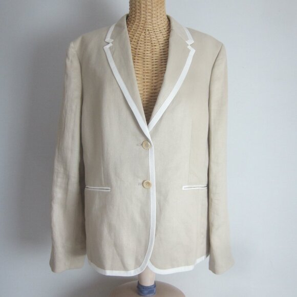 NEW Brooks Brothers Womens 14 Beige Ivory Trim Linen LS Classic Blazer Jacket XL - Picture 1 of 10